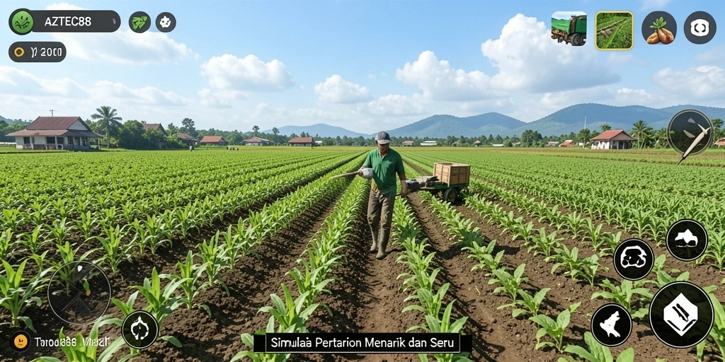 Screenshot gameplay AZTEC88 dengan pemandangan ladang yang subur dan tanaman yang beragam.