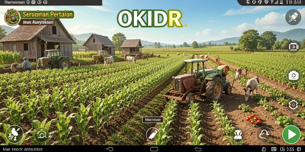 Tampilan antarmuka gameplay OKIDR dengan ladang yang subur.