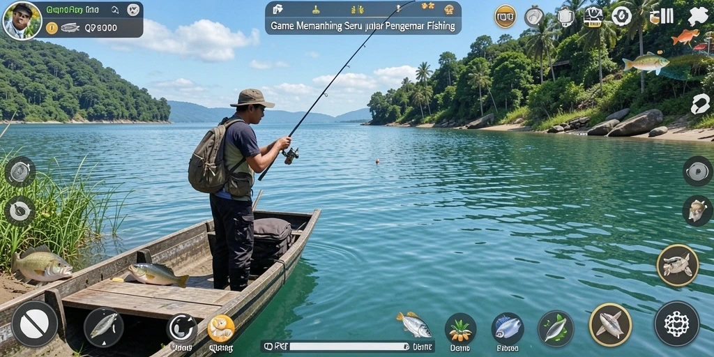 Screenshot QQRP menampilkan aksi seru saat memancing di danau yang indah.